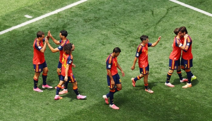 Spain players celebrate scoring their second goal in Fifa World Cup 2026 Round of 32 match against Austria at Los Angeles Stadium, Inglewood, California, US, July 2, 2026. — Reuters