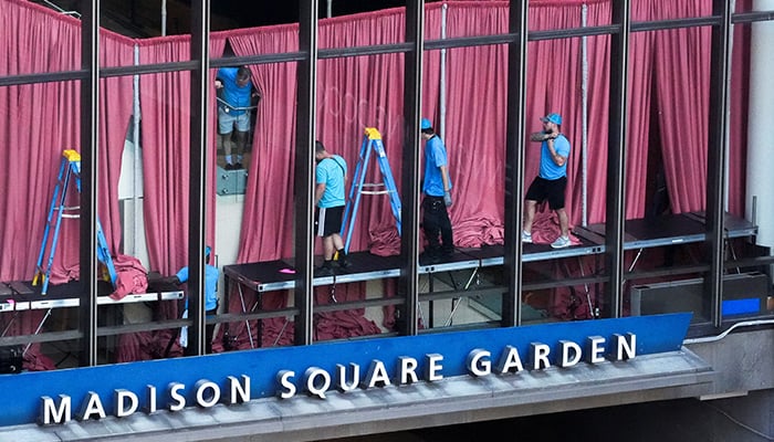 Workers set up courtains inside Madison Square Garden, the venue for the reported wedding celebrations of singer Taylor Swift and National Football League (NFL) player Travis Kelce, in New York, US, July 3, 2026. — Reuters