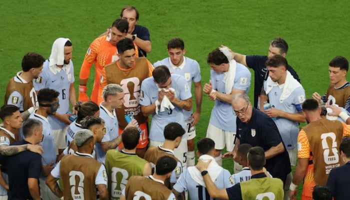 Uruguay coach Marcelo Bielsa speaks to his players during the second half hydration break of their Fifa World Cup 2026 match against Saudi Arabia at the Miami Stadium, Miami Gardens, Florida, US, June 15. — Reuters