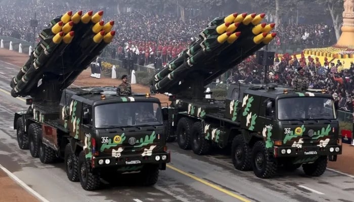 Indian army officers stand on vehicles displaying missiles during the Republic Day parade in New Delhi, India. — Reuters/File
